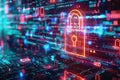 Holographic padlock amidst data streams and binary code in high-tech security setting Royalty Free Stock Photo