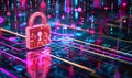 Holographic padlock amidst data streams and binary code in high-tech security setting