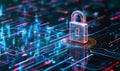 Holographic padlock amidst data streams and binary code in high-tech security setting Royalty Free Stock Photo