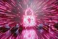 Holographic padlock amidst data streams and binary code in high-tech security setting Royalty Free Stock Photo