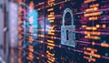 Holographic padlock amidst data streams and binary code in high-tech security setting Royalty Free Stock Photo