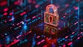 Holographic padlock amidst data streams and binary code in high-tech security setting Royalty Free Stock Photo