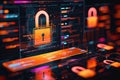 Holographic padlock amidst data streams and binary code in high-tech security setting Royalty Free Stock Photo