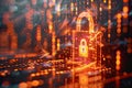 Holographic padlock amidst data streams and binary code in high-tech security setting Royalty Free Stock Photo