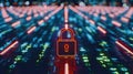 Holographic padlock amidst data streams and binary code in high-tech security setting Royalty Free Stock Photo