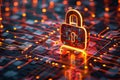 Holographic padlock amidst data streams and binary code in high-tech security setting Royalty Free Stock Photo