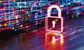 Holographic padlock amidst data streams and binary code in high-tech security setting Royalty Free Stock Photo