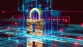 Holographic padlock amidst data streams and binary code in high-tech security setting Royalty Free Stock Photo