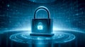 A holographic padlock icon with flowing data streams and encryption lines. Cybersecurity and privacy concept of data