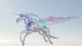 A holographic Pegasus with iridescent wings captures the imagination, soaring against a calm sky, embodying grace and