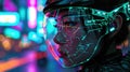 A holographic portrait of a streetwise courier with a cybernetic eye and neonlit bike helmet representing the fastpaced Royalty Free Stock Photo