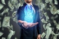 Holographic projection scan of human internal organs and dollars. The concept of the cost of modern medicine, expensive services