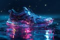 Holographic projection of a sports sneaker with neon lighting on navy blue background. Flickering flux of particle