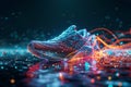 Holographic projection of sports sneakers with neon lighting on navy blue background. Flickering flux of particle energy