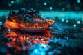 Holographic projection of sports sneakers with neon lighting on navy blue background. Flickering flux of particle energy