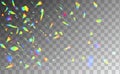 Holographic rainbow confetti isolated on transparent background. Festive multicolored falling glitters realistic vector