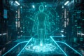 Holographic representation of human body scan showing various anatomical system.