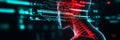 A holographic representation of a human figure highlighting the spinal column and head with vibrant red and blue hues
