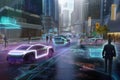 holographic scene of bustling cityscape, with holographic people and vehicles moving about