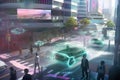 holographic scene of bustling cityscape, with holographic people and vehicles moving about