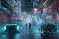 holographic scene of bustling cityscape, with holographic people and vehicles moving about