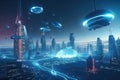 holographic scene of futuristic city with flying cars, robots and advanced technology