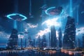 holographic scene of futuristic city with flying cars, robots and advanced technology