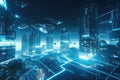 holographic scene of futuristic city with flying cars, robots and advanced technology