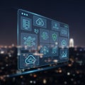 The holographic screen floats against a blurred nighttime cityscape Royalty Free Stock Photo