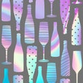 Holographic seamless pattern with  champagne bottles and glasses. Holographic background, gift wrap, wall art design Royalty Free Stock Photo