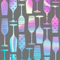 Holographic seamless pattern with  champagne glasses. Holographic background, gift wrap, wall art design Royalty Free Stock Photo