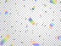 Holographic shiny falling confetti on white transparent background. Glitch effect. Rainbow festive tinsel. Foil hologram