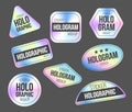 Holographic stickers. Holography gloss shapes. Vector gradient labels mockup Royalty Free Stock Photo