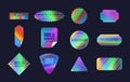 Holographic stickers mockup. Hologram sticker, iridescent neon label silver metal emblem shiny gradient badge foil tag