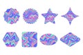 Holographic stickers set. Rainbow label gradient stamps. Neon foil textured badges. Iridescent paper in different