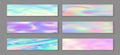 Holographic surreal flyer horizontal fluid gradient mermaid backgrounds vector set. Opalescence