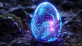 Holographic Surrealism A Scifi Easter Egg Artifact Pulsating with Electric Blue and Purple Hues