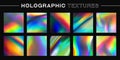 Holographic texture set. Iridescent foil adhesive film, trendy bright holography backgrounds, abstract metal vector