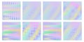 Holographic textures. Magic unicorn holo gradient with geometric patterns, iridescent rainbow colors backgrounds vector