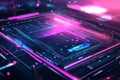 A holographic user interface background with floating digital elements, sharp neon edges, and deep