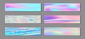 Holographic vibrant banner horizontal fluid gradient unicorn backgrounds vector set. Foil hologram