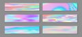 Holographic vibrant flyer horizontal fluid gradient mermaid backgrounds vector set. Fairy neon holo