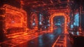 Holographic visualizations of classic video game environments in a futuristic arcade setting