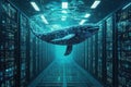 A holographic whale swimming through a bustling underwater data center, cooling massive servers Royalty Free Stock Photo