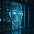 Holographic wireframe face displayed on a modern office building window Royalty Free Stock Photo
