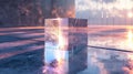 holographit 3 d rendering,Glowing digital cube with advanced interface design on a high-tech circuit background