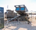 Fighting vehicle with a multiple rocket launcher with Spear missiles installed on it at the army exhibition `Our IDF`