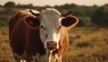 Holstein cattle grazing on a green meadow at sunset generated by AI