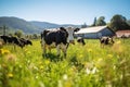 Holstein Cow Grazing in Lush Green Pasture. Royalty Free Stock Photo