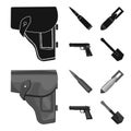Holster, cartridge, air bomb, pistol. Military and army set collection icons in black,monochrom style vector symbol